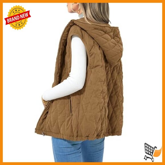 Sleeveless Hooded Zip-Up Puffer Vest, Cotton Padding, Pockets, Oversized Fit - Picture 2 of 8